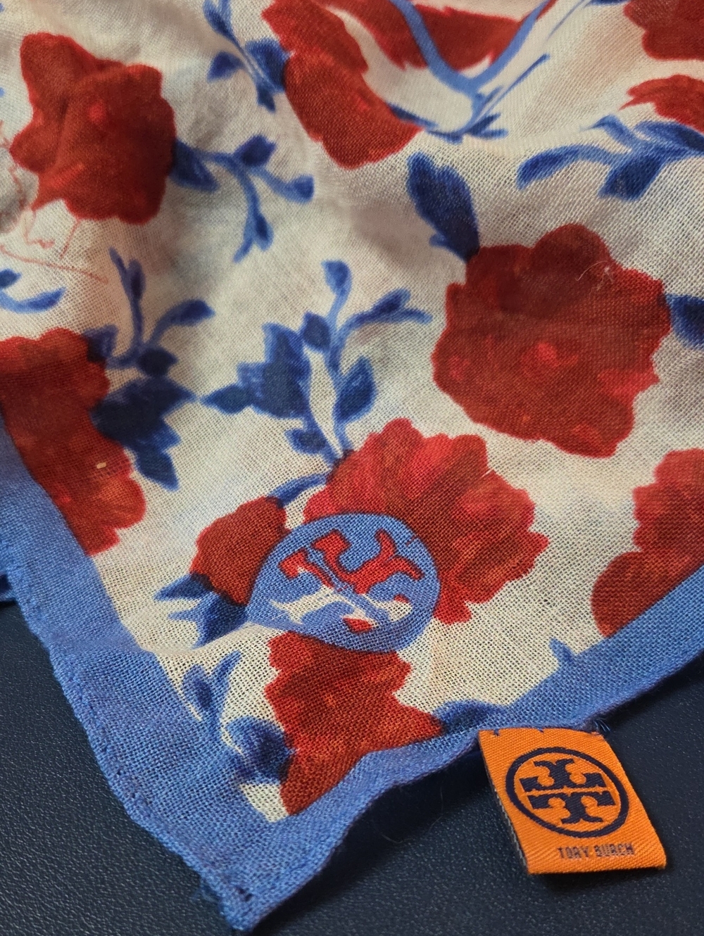 Tory Burch Floral Logo Oblong Scarf Red Blue Ivory 25x70